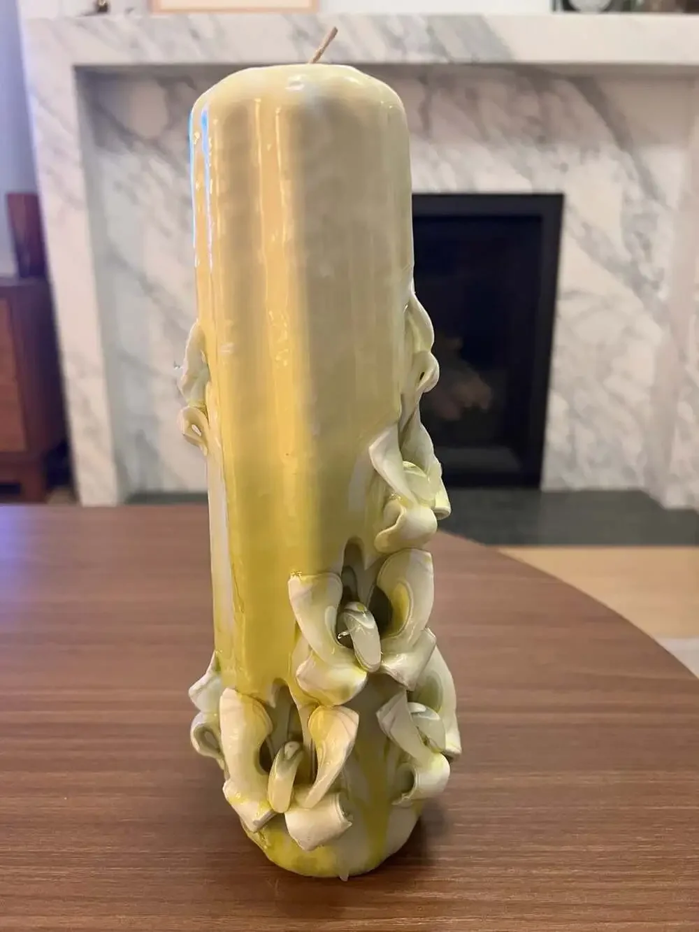 Vintage Hand Carved Sculpted Pillar Candle Green and White Wax